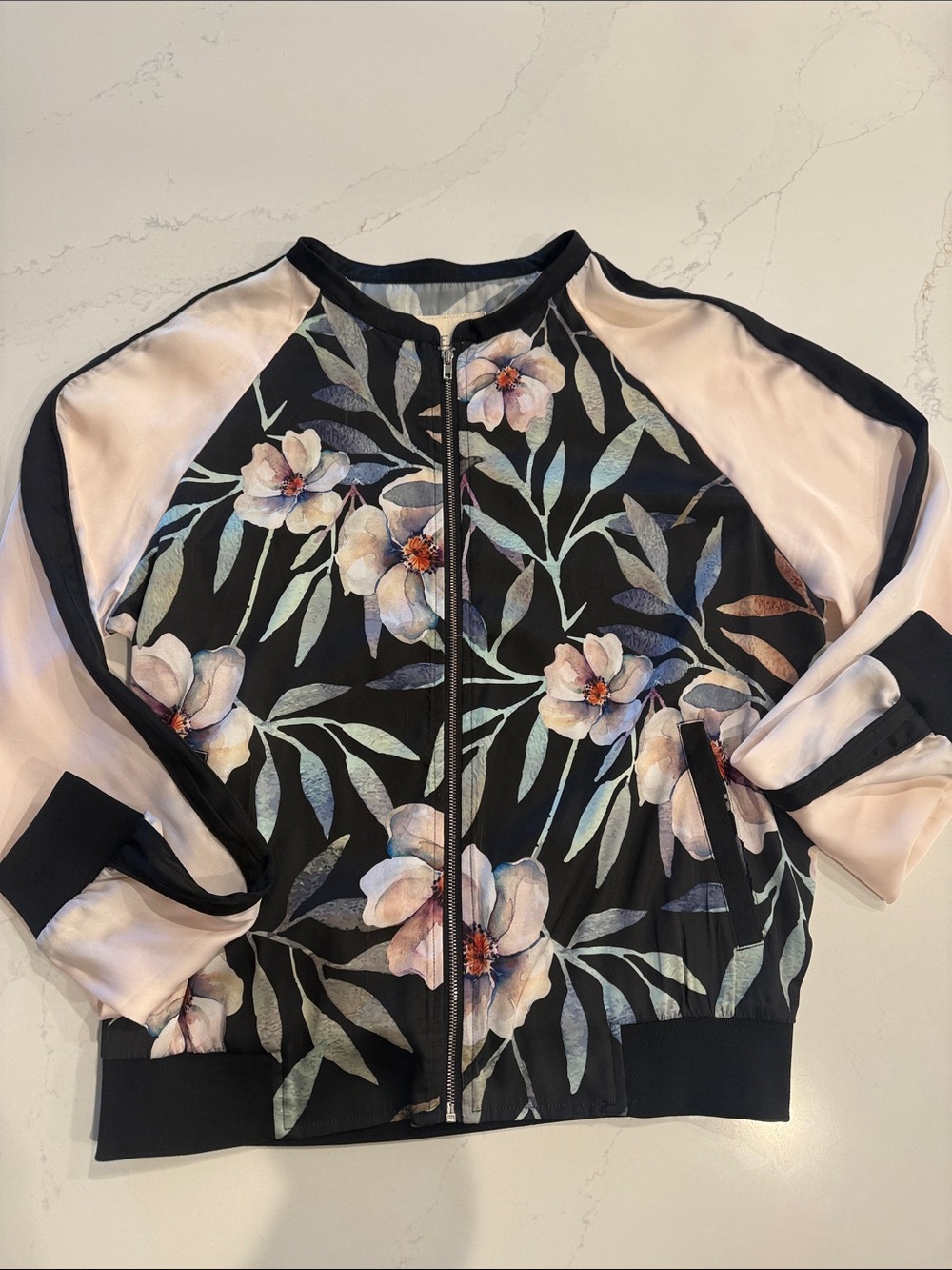 Thread & Supply Black Floral Bomber Jacket with Pale Pink Sleeves